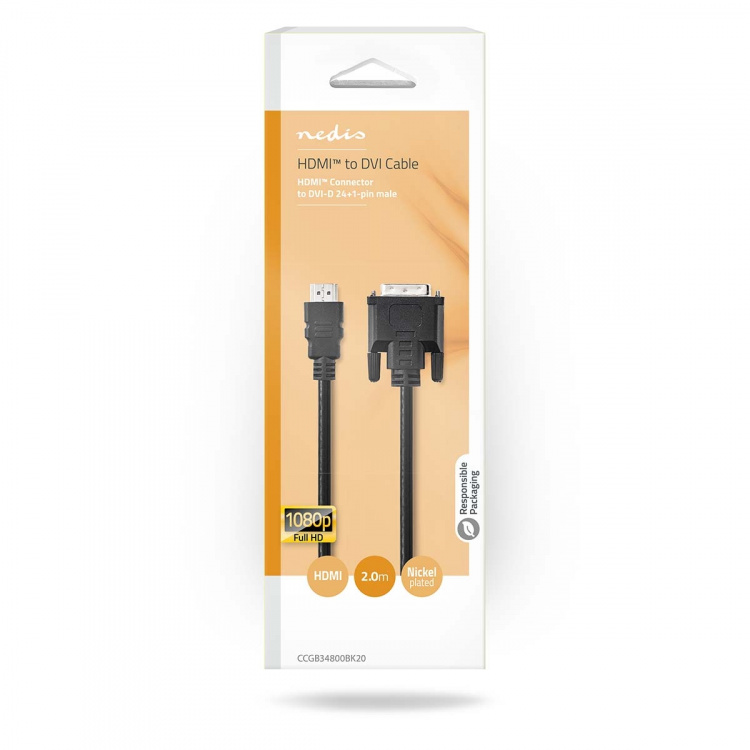 Nedis HDMI™ Cable | HDMI ™ -kontakt | DVI-D 24+1-Pin Han | 1080p | Nikkel belagt | 2.00 m | Rett | PVC | Sort | Boks