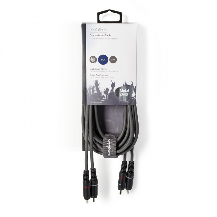 Nedis Stereo lydkabel | 2x RCA Han | 2x RCA Han | Nikkel belagt | 3.00 m | Rund | Mørk Grå | Pappetui