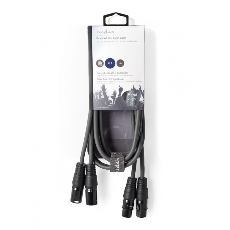 Nedis Balansert lydkabel | 2x XLR 3-Pin Han | 2x XLR 3-Pin Hun | Nikkel belagt | 1.50 m | Rund | PVC | Mørk Grå | Pappetui