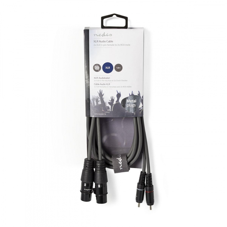 Nedis Balansert lydkabel | 2x XLR 3-Pin Hun | 2x RCA Han | Nikkel belagt | 1.50 m | Rund | PVC | Mørk Grå | Pappetui Nedis Balansert lydkabel | 2x XLR 3-Pin Hun | 2x RCA Han | Nikkel belagt | 1.50 m | Rund | PVC | Mørk Grå | Pappetui