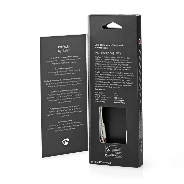 Nedis Lightning Kabel | USB 2.0 | Apple Lightning 8-Pinners | USB-C™ Hann | 480 Mbps | Gull belagt | 1.00 m | Rund | Flettet / Nylon | Aluminium / Sølv | Deksel Vindusboks