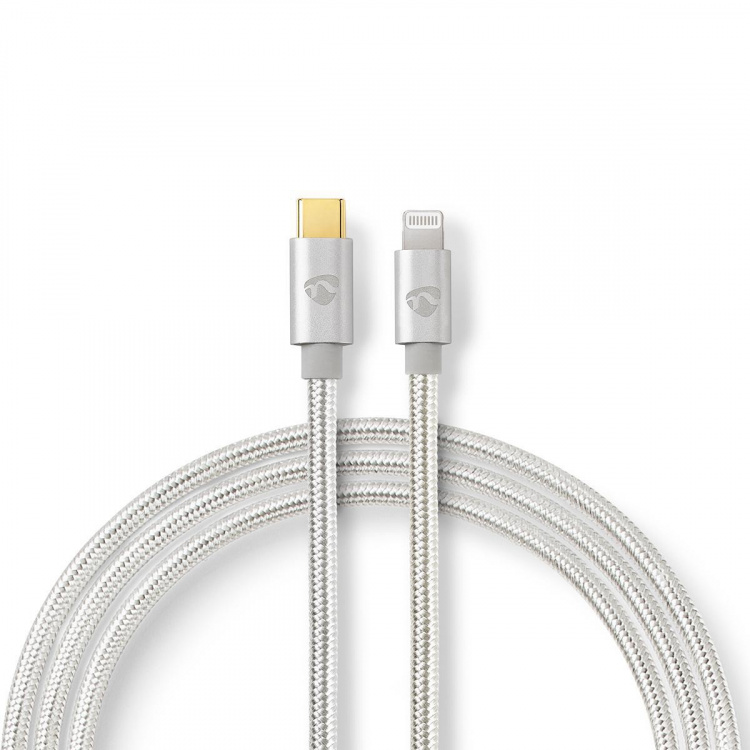 Nedis Lightning Kabel | USB 2.0 | Apple Lightning 8-Pinners | USB-C™ Hann | 480 Mbps | Gull belagt | 1.00 m | Rund | Flettet / Nylon | Aluminium / Sølv | Deksel Vindusboks