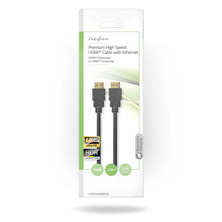 Nedis Premium High Speed ​​HDMI ™ kabel med Ethernet | HDMI ™ -kontakt | HDMI ™ -kontakt | 4K@60Hz | 18 Gbps | 2.00 m | Rund | PVC | Sort | Konvolutt