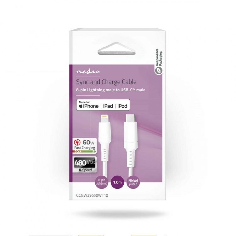 Nedis Lightning Kabel | USB 2.0 | Apple Lightning 8-Pinners | USB-C™ Hann | 480 Mbps | Nikkel belagt | 1.00 m | Rund | PVC | Hvit | Boks Nedis Lightning Kabel | USB 2.0 | Apple Lightning 8-Pinners | USB-C™ Hann | 480 Mbps | Nikkel belagt | 1.00 m | Rund | PVC | Hvit | Boks