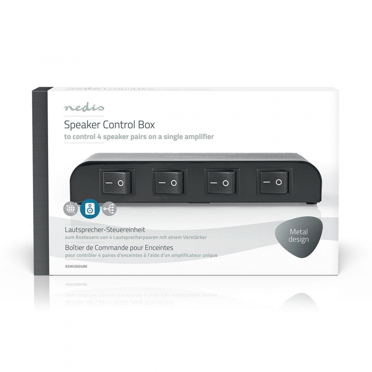 Nedis Speaker kontrollboks | 4-Port port(s) | Terminalklemmer | Høyttalerimpedans: 4-16 Ohm | Maksimal Belastning per Kanal: 200 W | Aluminium | Sort