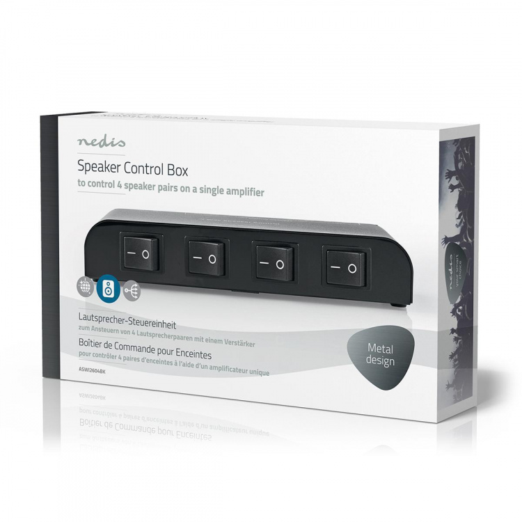 Nedis Speaker kontrollboks | 4-Port port(s) | Terminalklemmer | Høyttalerimpedans: 4-16 Ohm | Maksimal Belastning per Kanal: 200 W | Aluminium | Sort