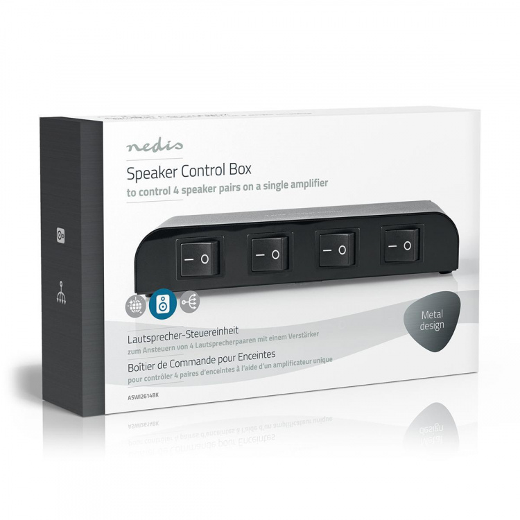 Nedis Speaker kontrollboks | 4-Port port(s) | Terminalskruer | Høyttalerimpedans: 4-16 Ohm | Maksimal Belastning per Kanal: 200 W | Aluminium | Sort
