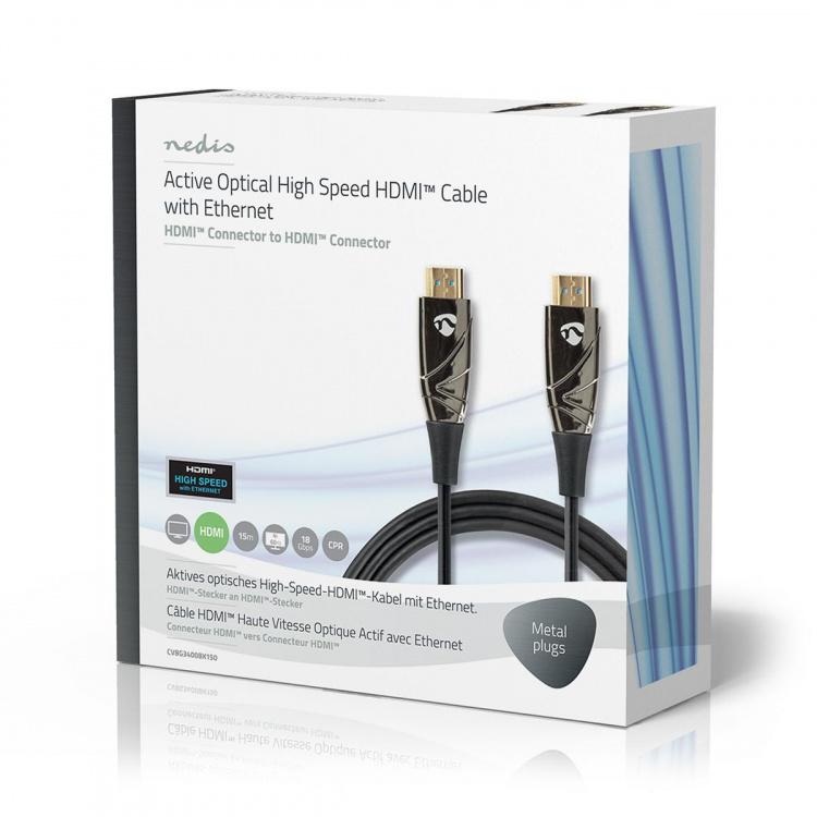 Nedis Aktiv Optical High Speed HDMI-kabel med Ethernet | HDMI ™ -kontakt | HDMI ™ -kontakt | 4K@60Hz | 18 Gbps | 15.0 m | Rund | PVC | Sort | Gaveeske Nedis Aktiv Optical High Speed HDMI-kabel med Ethernet | HDMI ™ -kontakt | HDMI ™ -kontakt | 4K@60Hz | 18 Gbps | 15.0 m | Rund | PVC | Sort | Gaveeske