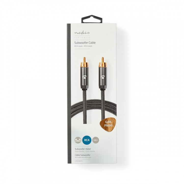 Nedis subwoofer Cable | RCA Han | RCA Han | Gull belagt | 3.00 m | Rund | 4.5 mm | Antrasitt / Gun Metal Grå | Cover boks