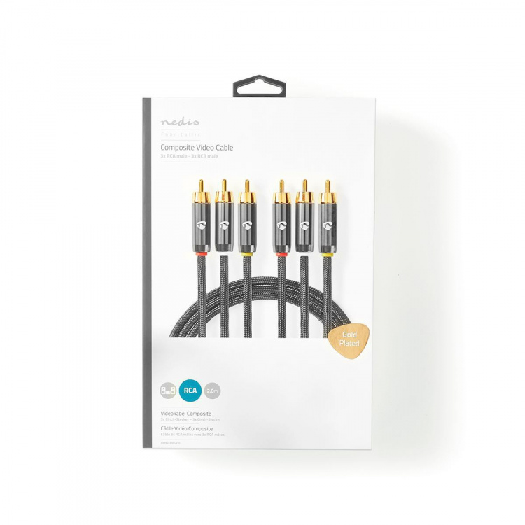 Nedis Kompositt videokabel | 3x RCA Han | 3x RCA Han | Gull belagt | 480p | 2.00 m | Rund | Bomull | Antrasitt / Gun Metal Grå | Deksel Vindusboks