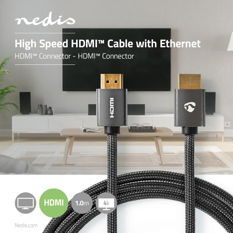 Nedis High Speed ​​HDMI ™ kabel med Ethernet | HDMI ™ -kontakt | HDMI ™ -kontakt | 4K@60Hz | ARC | 18 Gbps | 1.00 m | Rund | Bomull | Gun Metal Grå | Deksel Vindusboks