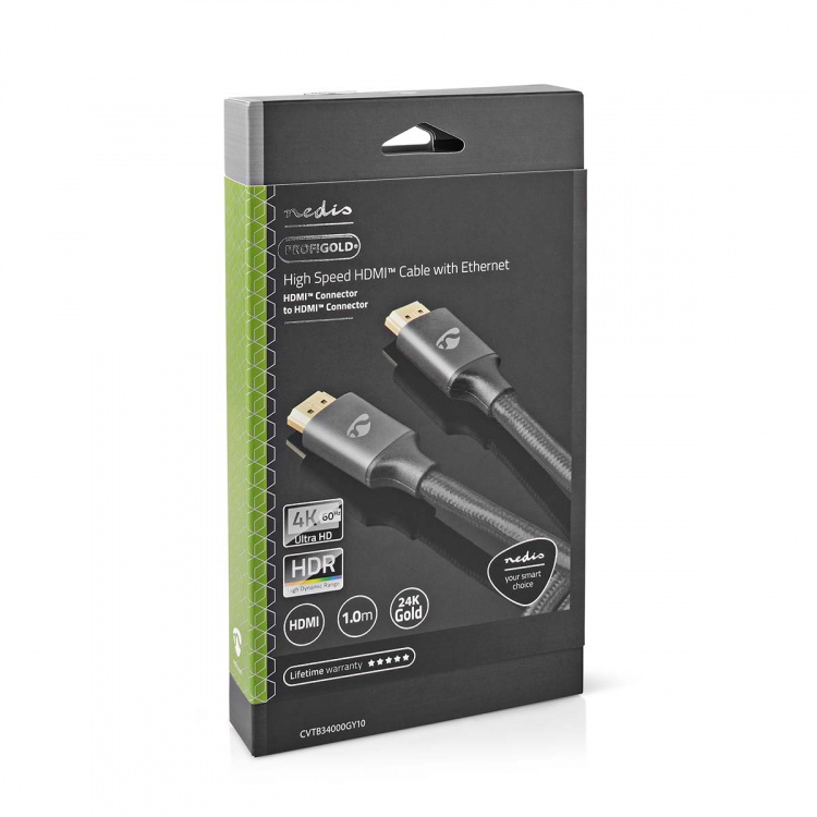Nedis High Speed ​​HDMI ™ kabel med Ethernet | HDMI ™ -kontakt | HDMI ™ -kontakt | 4K@60Hz | ARC | 18 Gbps | 1.00 m | Rund | Bomull | Gun Metal Grå | Deksel Vindusboks