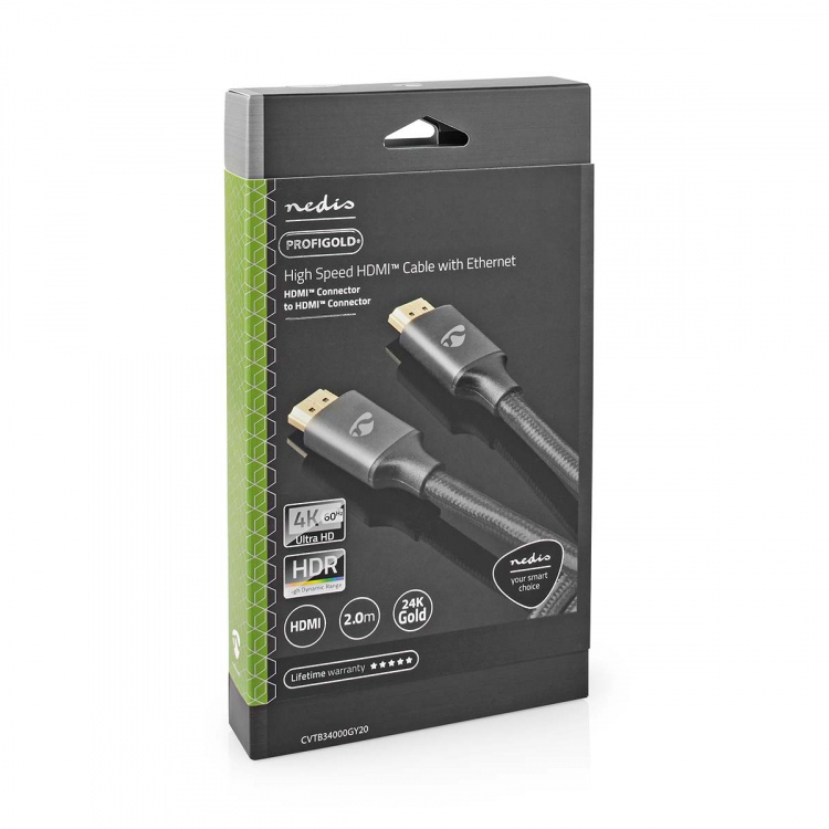 Nedis High Speed HDMI ™ kabel med Ethernet | HDMI ™ -kontakt | HDMI ™ -kontakt | 4K@60Hz | ARC | 18 Gbps | 2.00 m | Rund | Bomull | Gun Metal Grå | Deksel Vindusboks Nedis High Speed HDMI ™ kabel med Ethernet | HDMI ™ -kontakt | HDMI ™ -kontakt | 4K@60Hz | ARC | 18 Gbps | 2.00 m | Rund | Bomull | Gun Metal Grå | Deksel Vindusboks