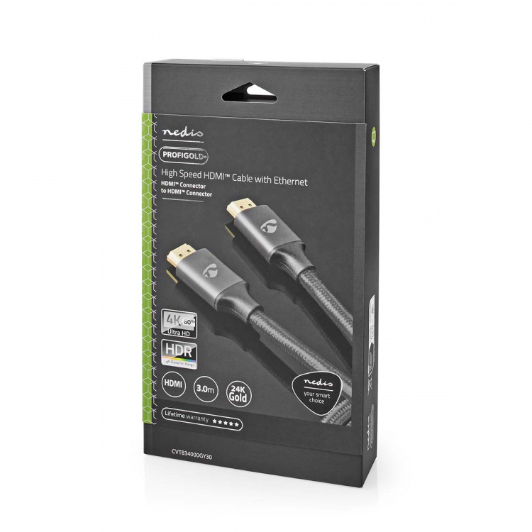 Nedis High Speed ​​HDMI ™ kabel med Ethernet | HDMI ™ -kontakt | HDMI ™ -kontakt | 4K@60Hz | ARC | 18 Gbps | 3.00 m | Rund | Bomull | Gun Metal Grå | Deksel Vindusboks