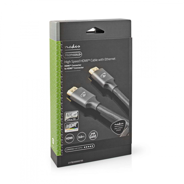 Nedis High Speed ​​HDMI ™ kabel med Ethernet | HDMI ™ -kontakt | HDMI ™ -kontakt | 4K@60Hz | ARC | 18 Gbps | 3.00 m | Rund | Bomull | Gun Metal Grå | Deksel Vindusboks