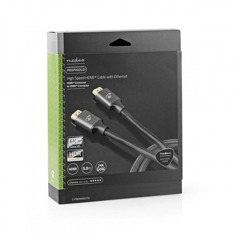 Nedis High Speed ​​HDMI ™ kabel med Ethernet | HDMI ™ -kontakt | HDMI ™ -kontakt | 4K@60Hz | ARC | 18 Gbps | 5.00 m | Rund | Bomull | Gun Metal Grå | Deksel Vindusboks