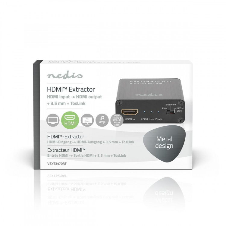 Nedis HDMI ™ Extractor | HDMI™ Input | TosLink Female / 1x 3.5 mm / 1x HDMI™ Output | Maksimum oppløsning: 4K@60Hz | 18 Gbps | Metall | Antrasitt | Gaveeske
