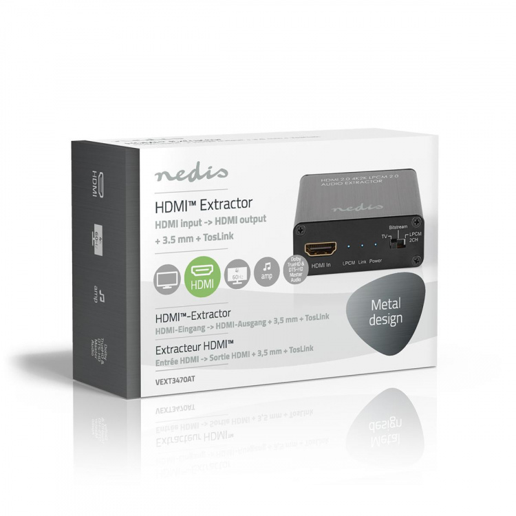 Nedis HDMI ™ Extractor | HDMI™ Input | TosLink Female / 1x 3.5 mm / 1x HDMI™ Output | Maksimum oppløsning: 4K@60Hz | 18 Gbps | Metall | Antrasitt | Gaveeske
