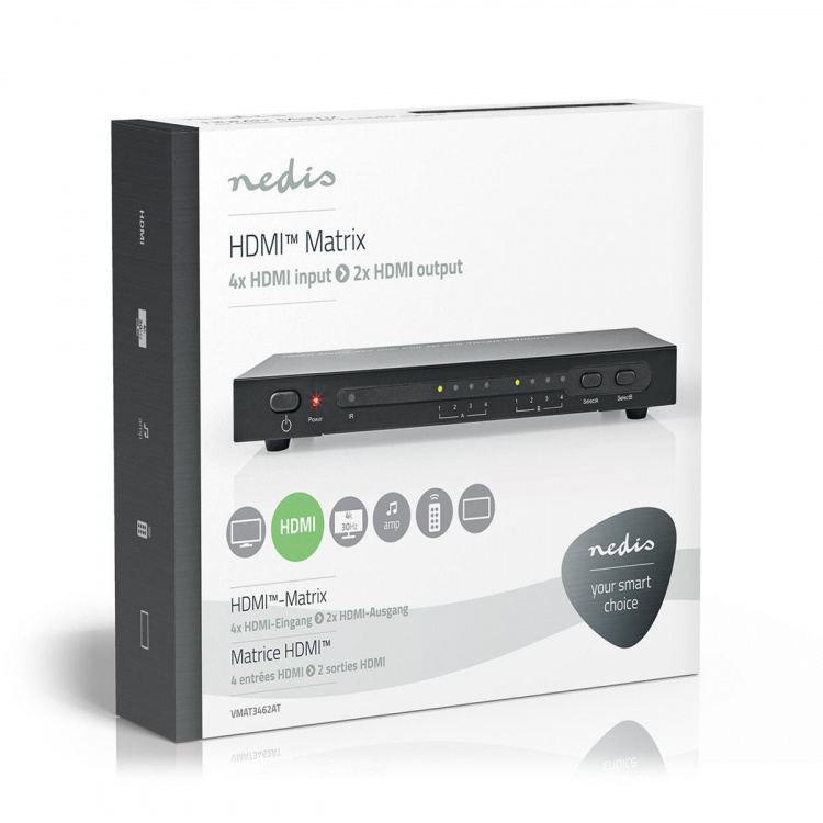 Nedis HDMI ™ Matrix Switch | 4 stk. 2-porters port(s) | 4x HDMI™ Input | 2x HDMI™ Output | 4K@30Hz | 3.4 Gbps | Fjernstyrtkontrolert | Metall | Antrasitt