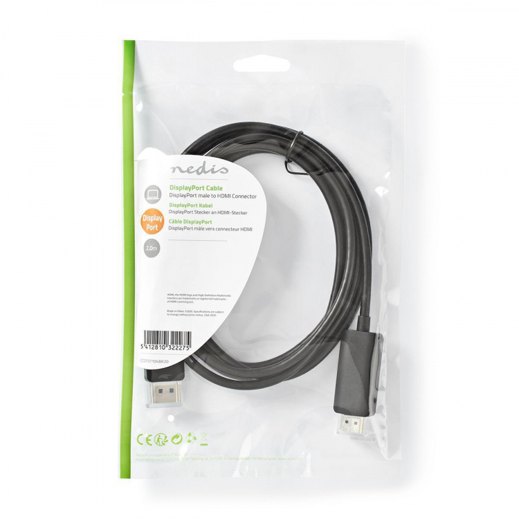 Nedis Displayport-kabel | DisplayPort Han | HDMI ™ -kontakt | 4K@60Hz | Nikkel belagt | 2.00 m | Rund | PVC | Sort | Plastpose