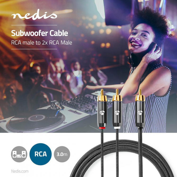 Nedis subwoofer Cable | RCA Han | 2x RCA Han | Gull belagt | 3.00 m | Rund | 4.5 mm | Grå / Gun Metal Grå | Deksel Vindusboks
