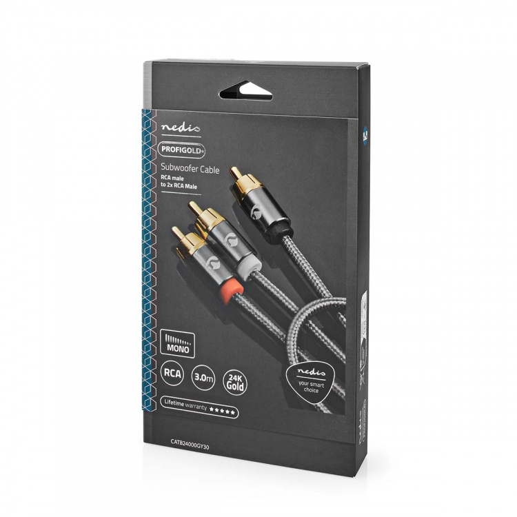 Nedis subwoofer Cable | RCA Han | 2x RCA Han | Gull belagt | 3.00 m | Rund | 4.5 mm | Grå / Gun Metal Grå | Deksel Vindusboks