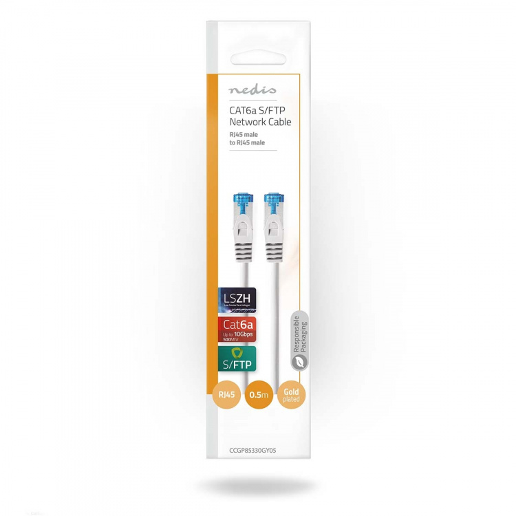 Nedis CAT6a nettverkskabel | S/FTP | RJ45 Han | RJ45 Han | 0.50 m | Snagless | Rund | LSZH | Grå | Konvolutt Nedis CAT6a nettverkskabel | S/FTP | RJ45 Han | RJ45 Han | 0.50 m | Snagless | Rund | LSZH | Grå | Konvolutt