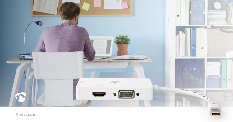 Nedis Displayport-adapter | Mini DisplayPort Han | DVI-D 24+1-Pins Hun / HDMI™ Output / VGA Hun 15p | 4K@60Hz | Nikkel belagt | Kan Veksles | 0.20 m | Rund | ABS | ABS | Hvit | Boks