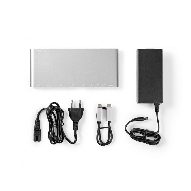 Nedis USB Docking Station | USB 3.2 Gen 1 | USB-C™ Hann | DisplayPort Hun / HDMI™ Output / RJ45 Hun / VGA Hun 15p / 2 stk. 3.5 mm, hunn / 2x USB-C™ / 4x USB-A | 0.20 m | Rund | Nikkel belagt | Flettet / Nylon | Hvit | Vindusboks med Euro Lock