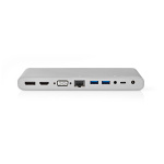 Nedis USB Docking Station | USB 3.2 Gen 1 | USB-C™ Hann | DisplayPort Hun / HDMI™ Output / RJ45 Hun / VGA Hun 15p / 2 stk. 3.5 mm, hunn / 2x USB-C™ / 4x USB-A | 0.20 m | Rund | Nikkel belagt | Flettet / Nylon | Hvit | Vindusboks med Euro Lock