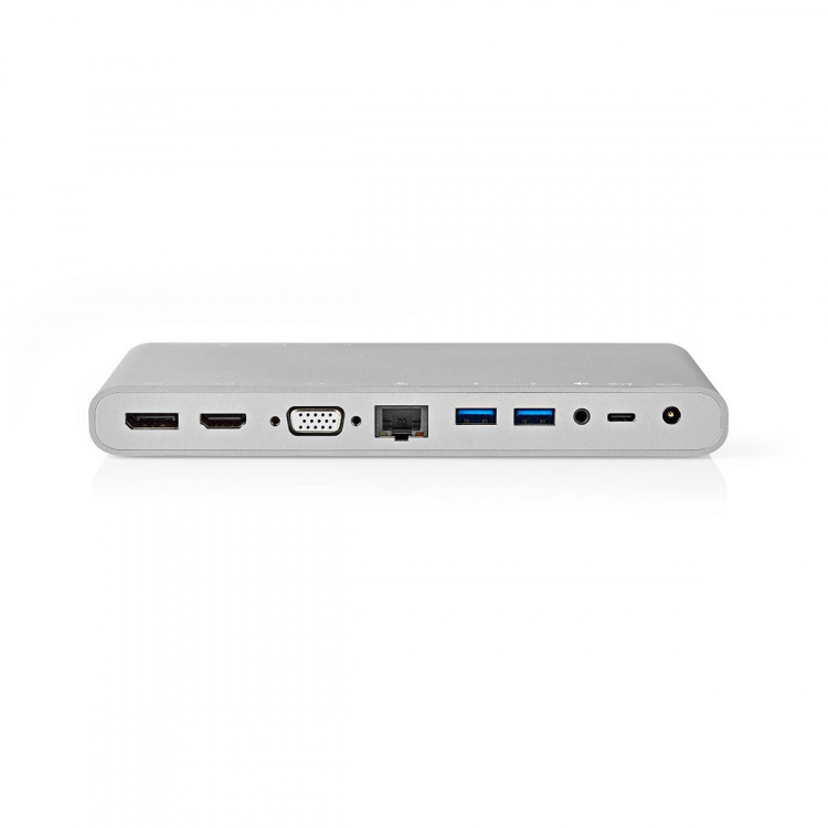 Nedis USB Docking Station | USB 3.2 Gen 1 | USB-C™ Hann | DisplayPort Hun / HDMI™ Output / RJ45 Hun / VGA Hun 15p / 2 stk. 3.5 mm, hunn / 2x USB-C™ / 4x USB-A | 0.20 m | Rund | Nikkel belagt | Flettet / Nylon | Hvit | Vindusboks med Euro Lock