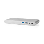 Nedis USB Docking Station | USB 3.2 Gen 1 | USB-C™ Hann | DisplayPort Hun / HDMI™ Output / RJ45 Hun / VGA Hun 15p / 2 stk. 3.5 mm, hunn / 2x USB-C™ / 4x USB-A | 0.20 m | Rund | Nikkel belagt | Flettet / Nylon | Hvit | Vindusboks med Euro Lock