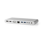 Nedis USB Docking Station | USB 3.2 Gen 1 | USB-C™ Hann | DisplayPort Hun / HDMI™ Output / RJ45 Hun / VGA Hun 15p / 2 stk. 3.5 mm, hunn / 2x USB-C™ / 4x USB-A | 0.20 m | Rund | Nikkel belagt | Flettet / Nylon | Hvit | Vindusboks med Euro Lock