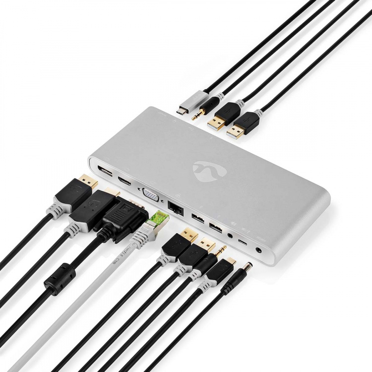 Nedis USB Docking Station | USB 3.2 Gen 1 | USB-C™ Hann | DisplayPort Hun / HDMI™ Output / RJ45 Hun / VGA Hun 15p / 2 stk. 3.5 mm, hunn / 2x USB-C™ / 4x USB-A | 0.20 m | Rund | Nikkel belagt | Flettet / Nylon | Hvit | Vindusboks med Euro Lock
