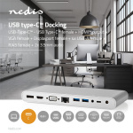 Nedis USB Docking Station | USB 3.2 Gen 1 | USB-C™ Hann | DisplayPort Hun / HDMI™ Output / RJ45 Hun / VGA Hun 15p / 2 stk. 3.5 mm, hunn / 2x USB-C™ / 4x USB-A | 0.20 m | Rund | Nikkel belagt | Flettet / Nylon | Hvit | Vindusboks med Euro Lock