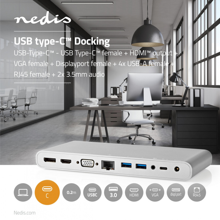 Nedis USB Docking Station | USB 3.2 Gen 1 | USB-C™ Hann | DisplayPort Hun / HDMI™ Output / RJ45 Hun / VGA Hun 15p / 2 stk. 3.5 mm, hunn / 2x USB-C™ / 4x USB-A | 0.20 m | Rund | Nikkel belagt | Flettet / Nylon | Hvit | Vindusboks med Euro Lock