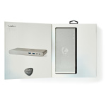 Nedis USB Docking Station | USB 3.2 Gen 1 | USB-C™ Hann | DisplayPort Hun / HDMI™ Output / RJ45 Hun / VGA Hun 15p / 2 stk. 3.5 mm, hunn / 2x USB-C™ / 4x USB-A | 0.20 m | Rund | Nikkel belagt | Flettet / Nylon | Hvit | Vindusboks med Euro Lock