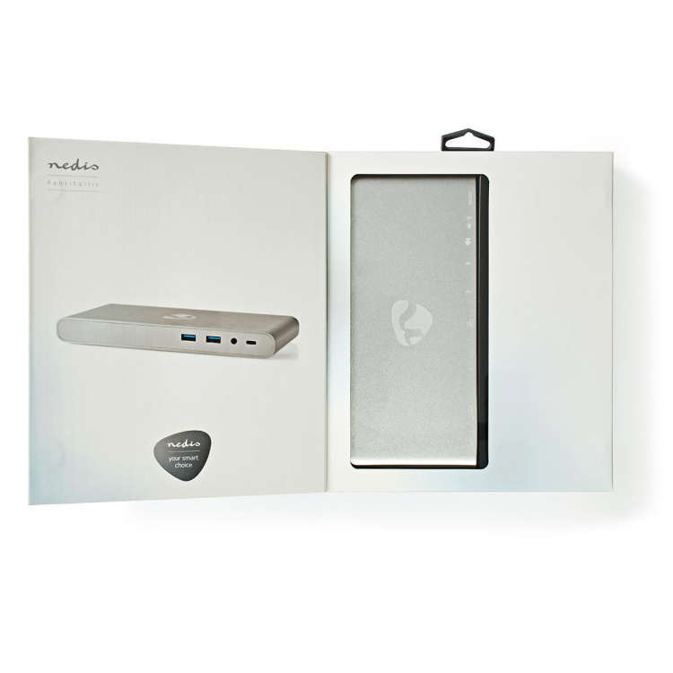 Nedis USB Docking Station | USB 3.2 Gen 1 | USB-C™ Hann | DisplayPort Hun / HDMI™ Output / RJ45 Hun / VGA Hun 15p / 2 stk. 3.5 mm, hunn / 2x USB-C™ / 4x USB-A | 0.20 m | Rund | Nikkel belagt | Flettet / Nylon | Hvit | Vindusboks med Euro Lock