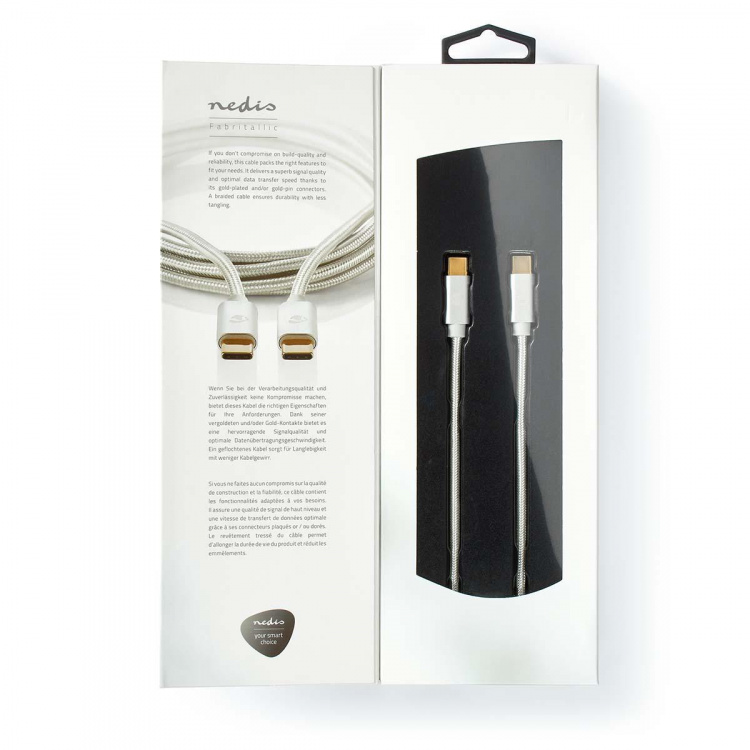 Nedis USB-kabel | USB 2.0 | USB-C™ Hann | USB-C™ Hann | 100 W | 480 Mbps | Gull belagt | 1.00 m | Rund | Flettet / Nylon | Sølv | Deksel Vindusboks