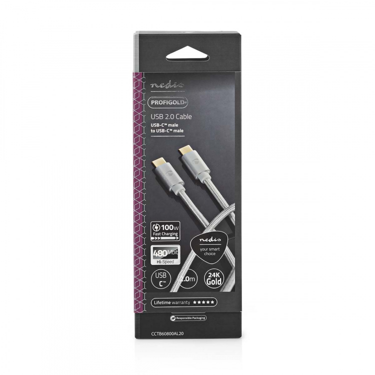 Nedis USB-kabel | USB 2.0 | USB-C™ Hann | USB-C™ Hann | 100 W | 480 Mbps | Gull belagt | 2.00 m | Rund | Flettet / Nylon | Sølv | Deksel Vindusboks