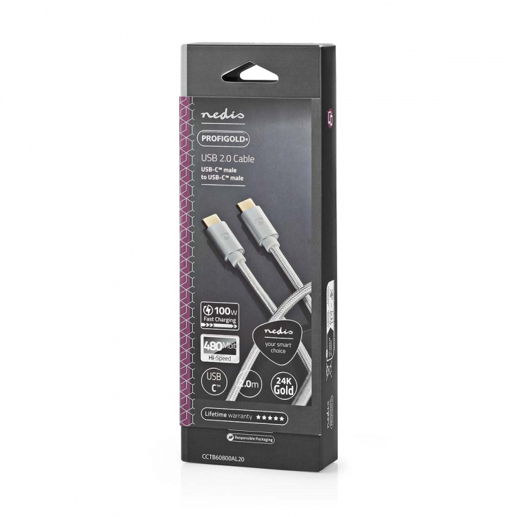 Nedis USB-kabel | USB 2.0 | USB-C™ Hann | USB-C™ Hann | 100 W | 480 Mbps | Gull belagt | 2.00 m | Rund | Flettet / Nylon | Sølv | Deksel Vindusboks
