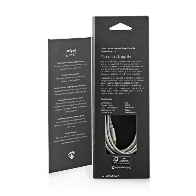 Nedis USB-kabel | USB 2.0 | USB-C™ Hann | USB-C™ Hann | 100 W | 480 Mbps | Gull belagt | 2.00 m | Rund | Flettet / Nylon | Sølv | Deksel Vindusboks