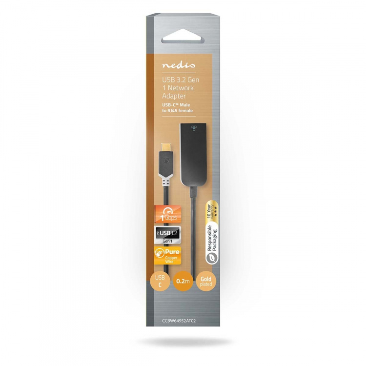 Nedis USB-nettverkskort | USB 3.2 Gen 1 | 1000 Mbps | USB-C™ Hann | RJ45 Hun | 0.20 m | Rund | Gull belagt | Fortinnet Kobber | Antrasitt | Boks