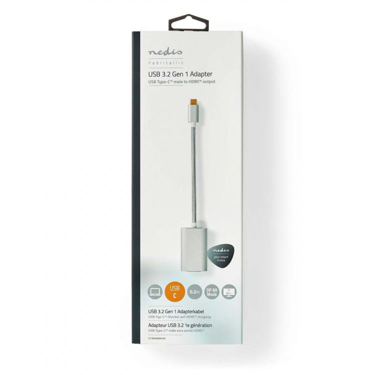Nedis USB-C™ Adapter | USB 3.2 Gen 1 | USB-C™ Hann | HDMI™ Output | 4K@60Hz | Power delivery | 0.20 m | Rund | Gull belagt | Flettet / Nylon | Sølv | Deksel Vindusboks