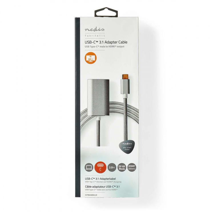 Nedis USB-C™ Adapter | USB 3.2 Gen 1 | USB-C™ Hann | HDMI™ Output | 4K@60Hz | Power delivery | 2.00 m | Rund | Gull belagt | Flettet / Nylon | Sølv | Deksel Vindusboks