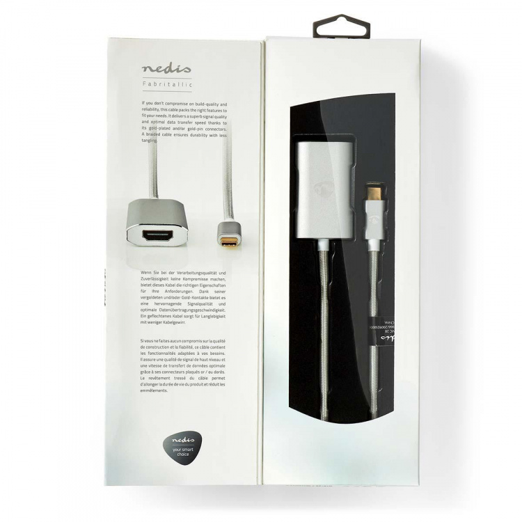 Nedis USB-C™ Adapter | USB 3.2 Gen 1 | USB-C™ Hann | HDMI™ Output | 4K@60Hz | Power delivery | 2.00 m | Rund | Gull belagt | Flettet / Nylon | Sølv | Deksel Vindusboks