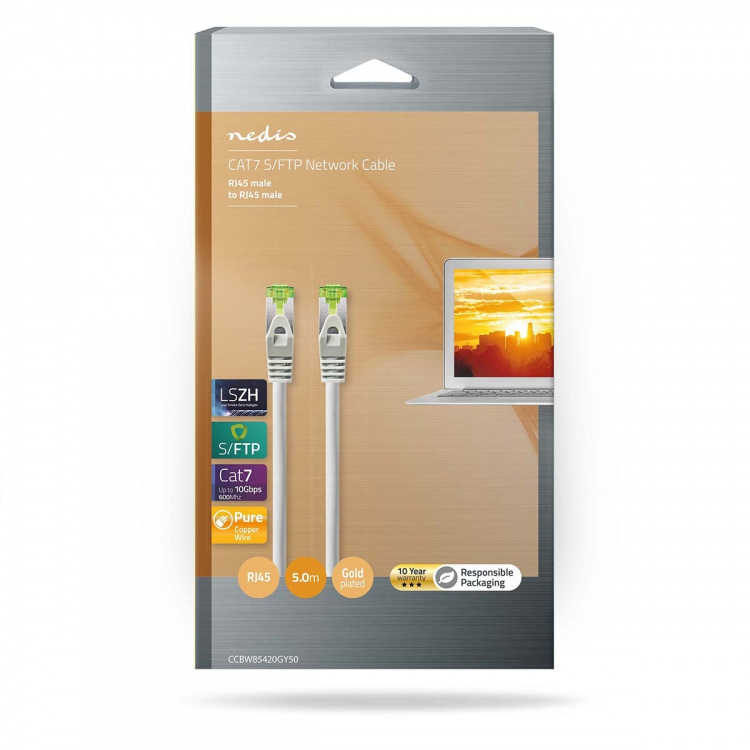 Nedis CAT7 nettverkskabel | S/FTP | RJ45 Han | RJ45 Han | 5.00 m | Snagless | Rund | LSZH | Grå | Boks Nedis CAT7 nettverkskabel | S/FTP | RJ45 Han | RJ45 Han | 5.00 m | Snagless | Rund | LSZH | Grå | Boks