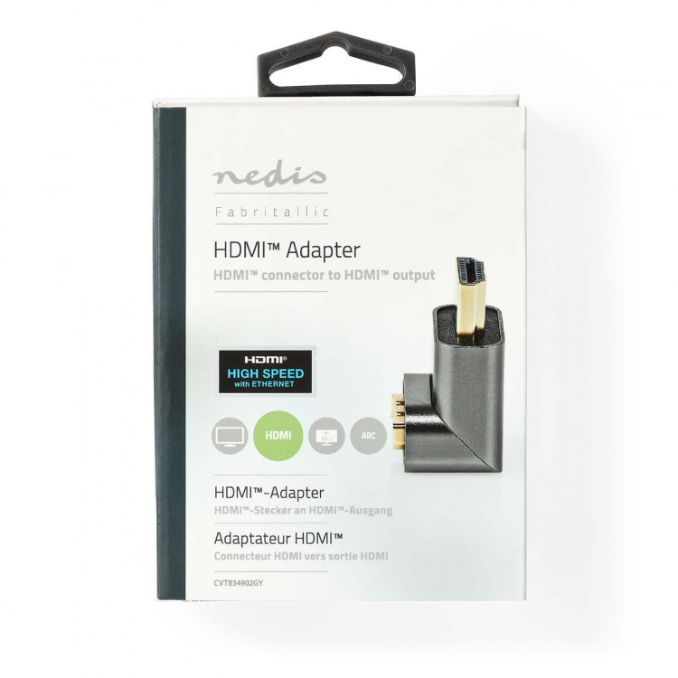 Nedis HDMI™ Adapter | HDMI ™ -kontakt / HDMI™ Han | HDMI™ Output | Gull belagt | Vinklet 270° | Aluminium | Gun Metal Grå | 1 stk. | Deksel Vindusboks