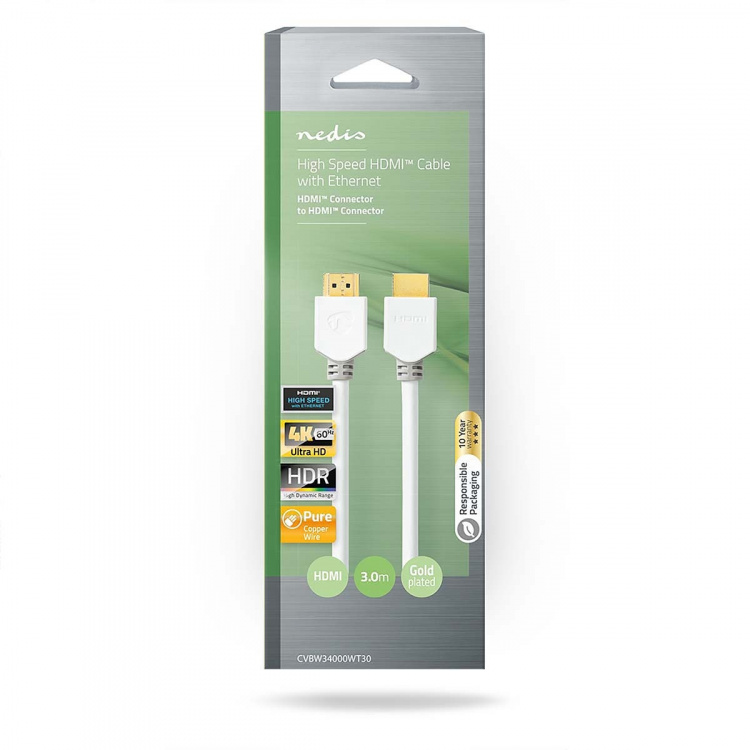 Nedis High Speed HDMI ™ kabel med Ethernet | HDMI ™ -kontakt | HDMI ™ -kontakt | 4K@60Hz | ARC | 18 Gbps | 3.00 m | Rund | PVC | Hvit | Boks Nedis High Speed HDMI ™ kabel med Ethernet | HDMI ™ -kontakt | HDMI ™ -kontakt | 4K@60Hz | ARC | 18 Gbps | 3.00 m | Rund | PVC | Hvit | Boks