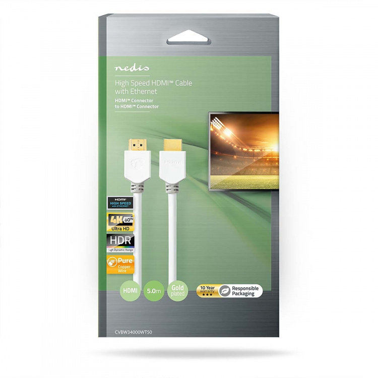 Nedis High Speed ​​HDMI ™ kabel med Ethernet | HDMI ™ -kontakt | HDMI ™ -kontakt | 4K@60Hz | ARC | 18 Gbps | 5.00 m | Rund | PVC | Hvit | Boks